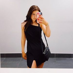 FUNKY NECKLINE BLACK STRAPPY HOCO FORMAL MINI DRESS